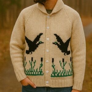 Vintage Handknitted Cowichan Duck and Cattails Wool Cardigan Sweater Men XL